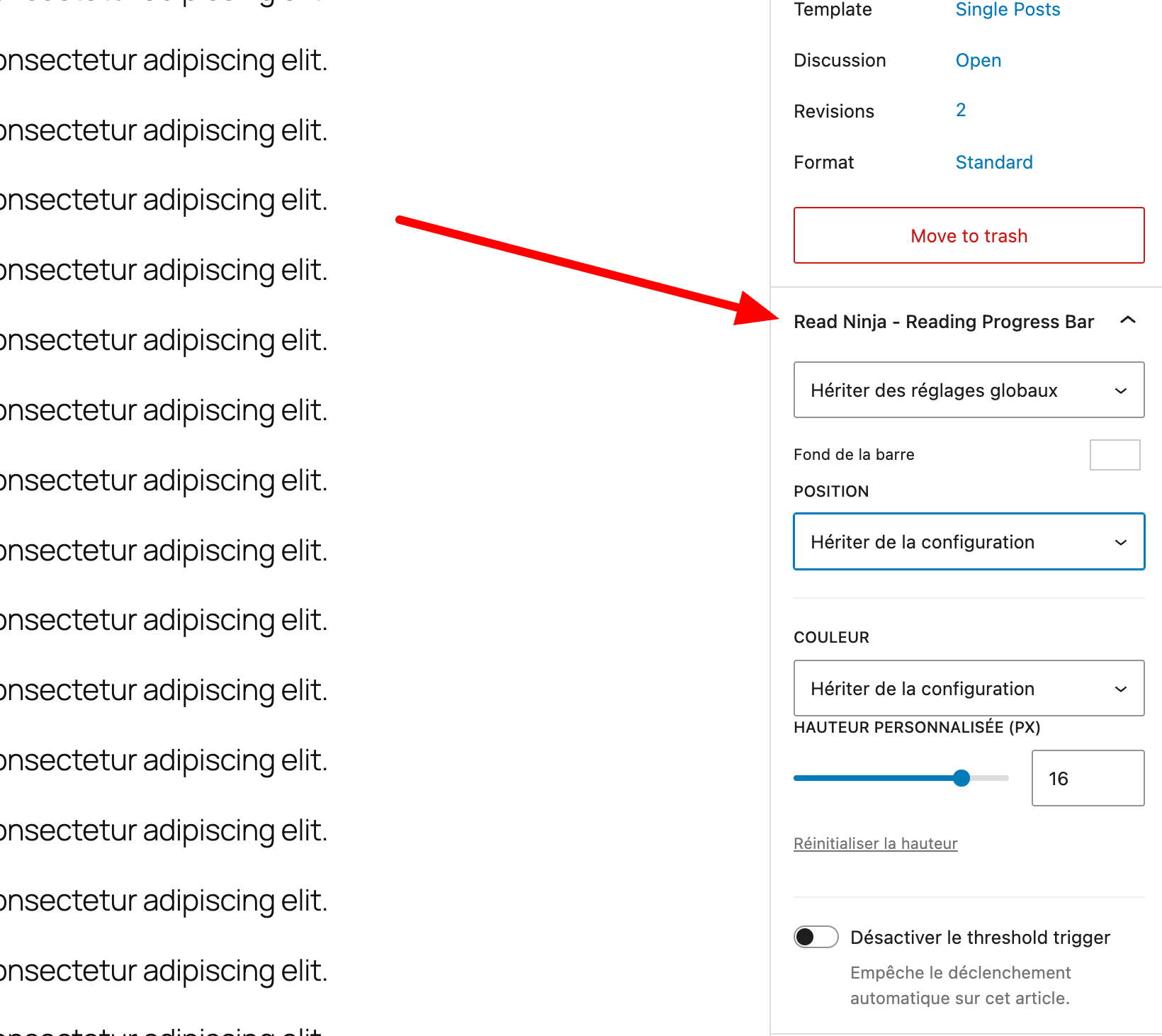 ReadNinja per-post overrides panel in the Gutenberg sidebar