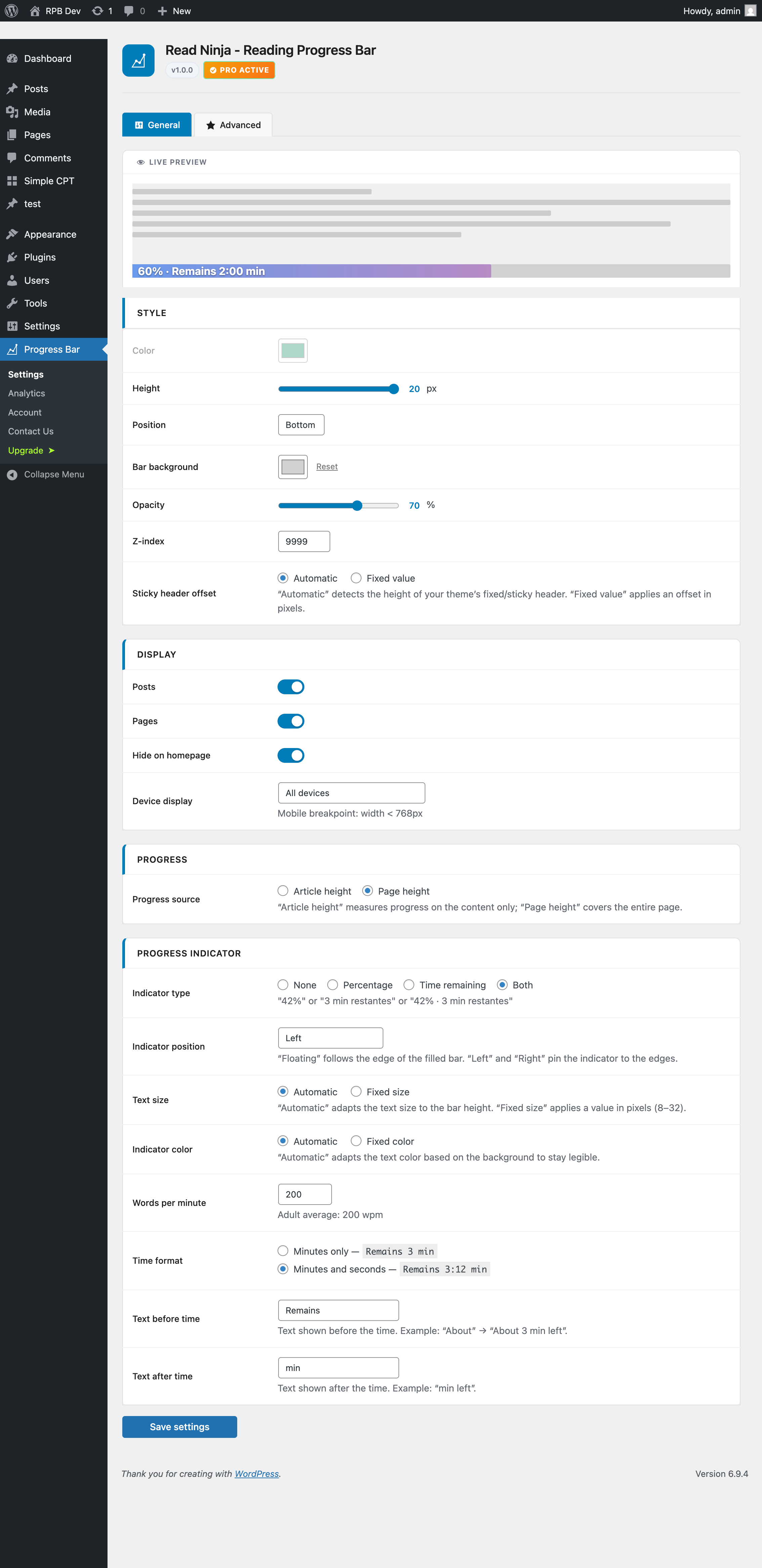 The Style tab of the Progress Bar settings page in WordPress admin